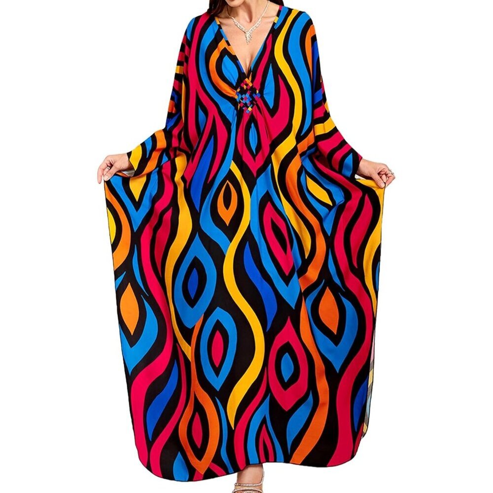 Womens Red Abstract Geometry V-Neck Batwing Sleeves Summer Cover Up Kaftan Dress